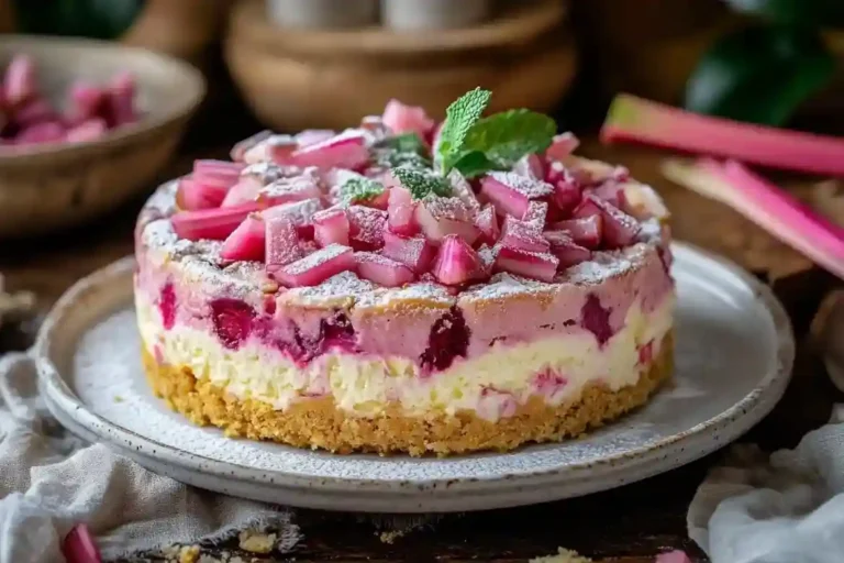 Frisch gebackener Rhabarberkuchen mit Pudding vegan : Goldene Kruste, cremige Vanillepuddingfüllung und frische Rhabarberstücke, perfekt abgestimmt.