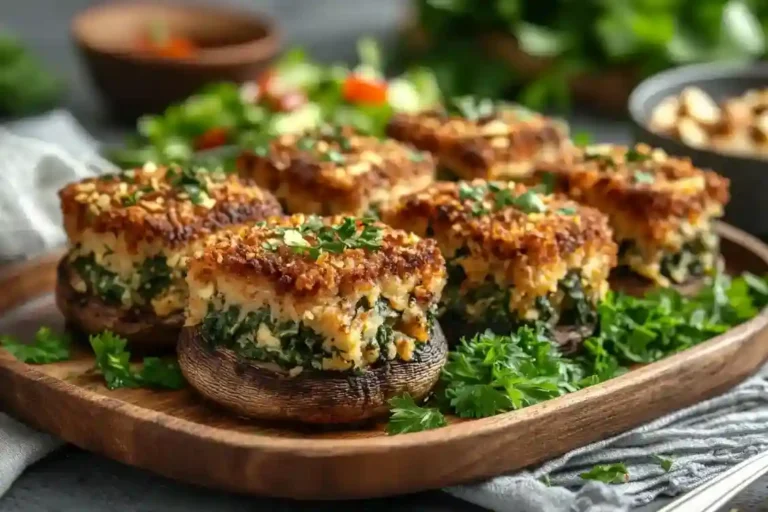 Gefüllte Champignons vegan mit cremiger Füllung aus Spinat und Frischkäse-Alternative, getoppt mit knusprigen Semmelbröseln und Nüssen.