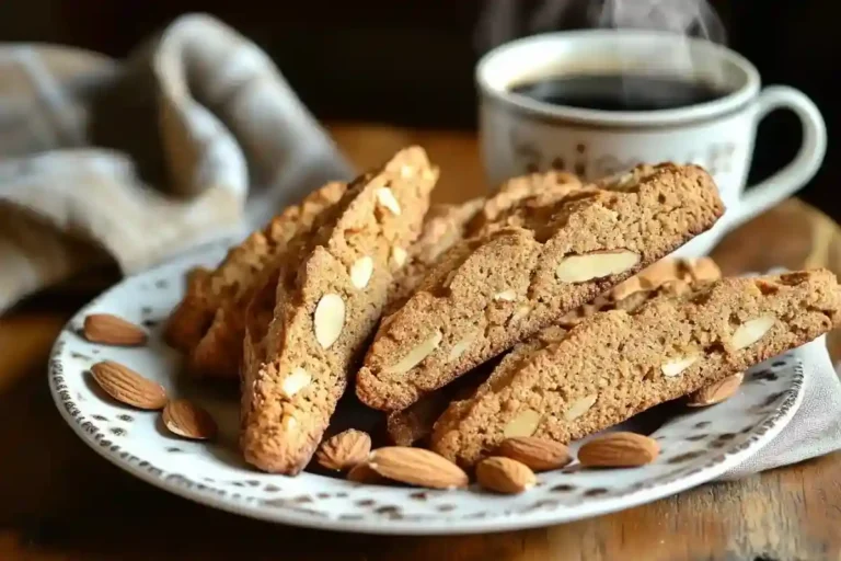 Cantuccini vegan, goldbraun und knusprig, mit gerösteten Mandeln, serviert auf einem rustikalen Teller neben einer Tasse Kaffee und einer Handvoll Mandeln.