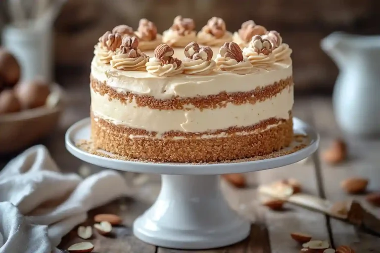 Vegane Marzipan Torte mit fluffigem Boden, cremiger Marzipanfüllung und dekorativen Marzipanröllchen, bestreut mit gehackten Mandeln und Puderzucker.