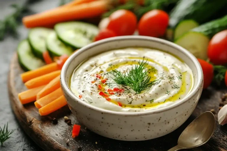 Eine Schale mit cremigem veganem Joghurt Dressing, garniert mit frischen Kräutern, umgeben von Gemüsesticks wie Karotten und Gurken auf einem rustikalen Holzbrett.