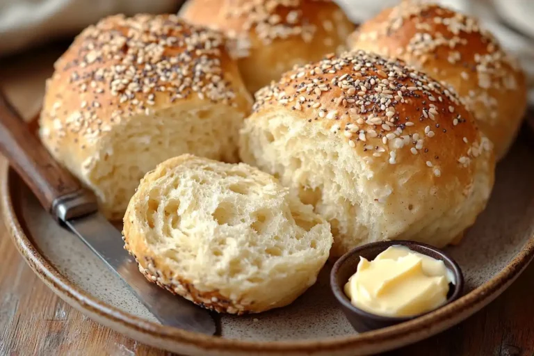 Frisch gebackene Brötchen ohne Hefe vegan, goldbraun und fluffig, auf einem rustikalen Holzbrett serviert.