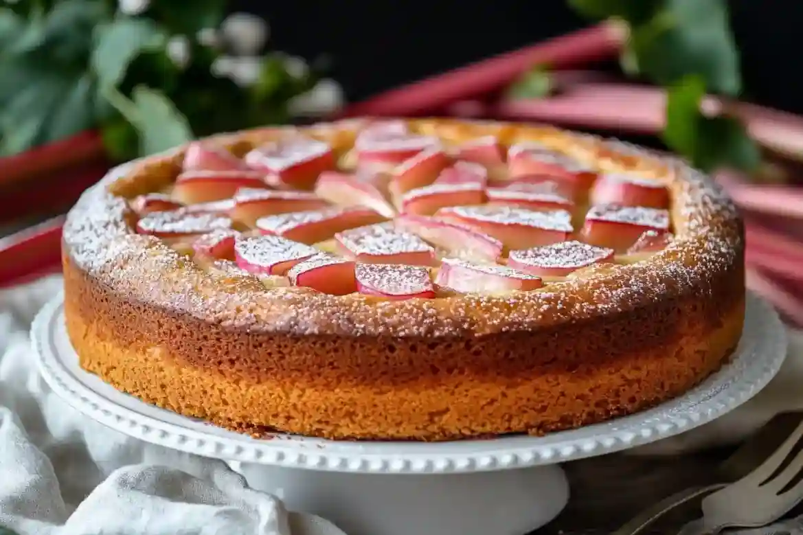 Frisch gebackener Rhabarberkuchen glutenfrei mit goldbrauner Kruste, saftigen Rhabarberstücken und Puderzucker, perfekt für einen süßen Genussmoment.