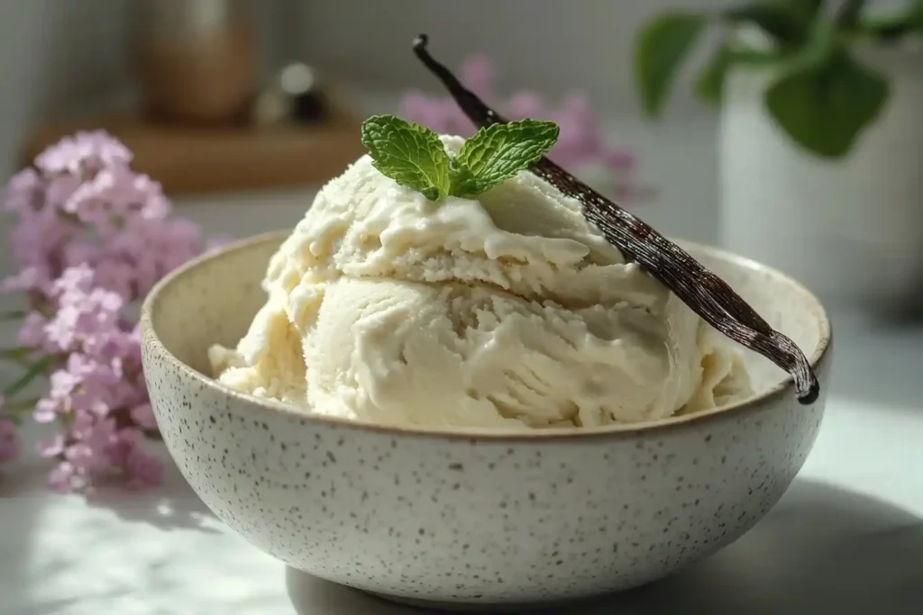 A creamy serving of keto vanilla ice cream in a white bowl, garnished with fresh vanilla pods and a mint sprig.