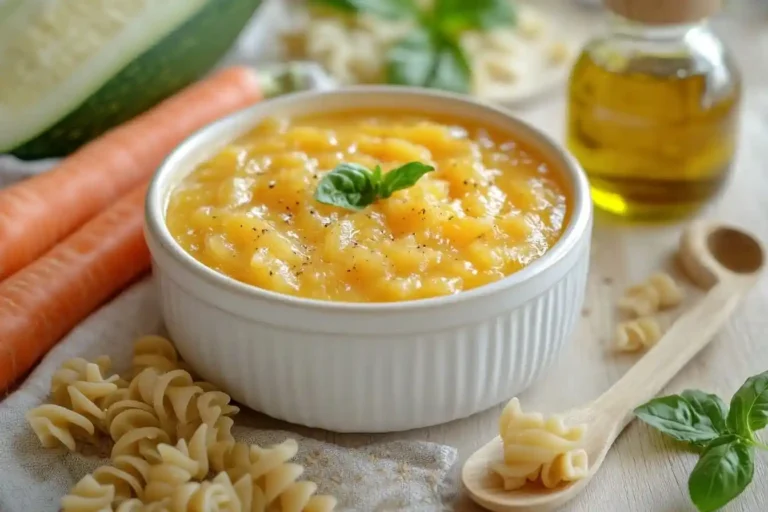 A bowl of creamy Babybrei mit Nudeln, topped with soft pieces of pasta and surrounded by fresh ingredients like carrots, zucchini, and potatoes on a wooden table.