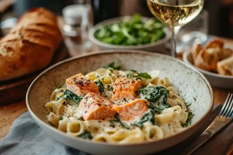 Lachs Spinat Nudeln auf einem gedeckten Tisch mit Wein, Brot und Salat.