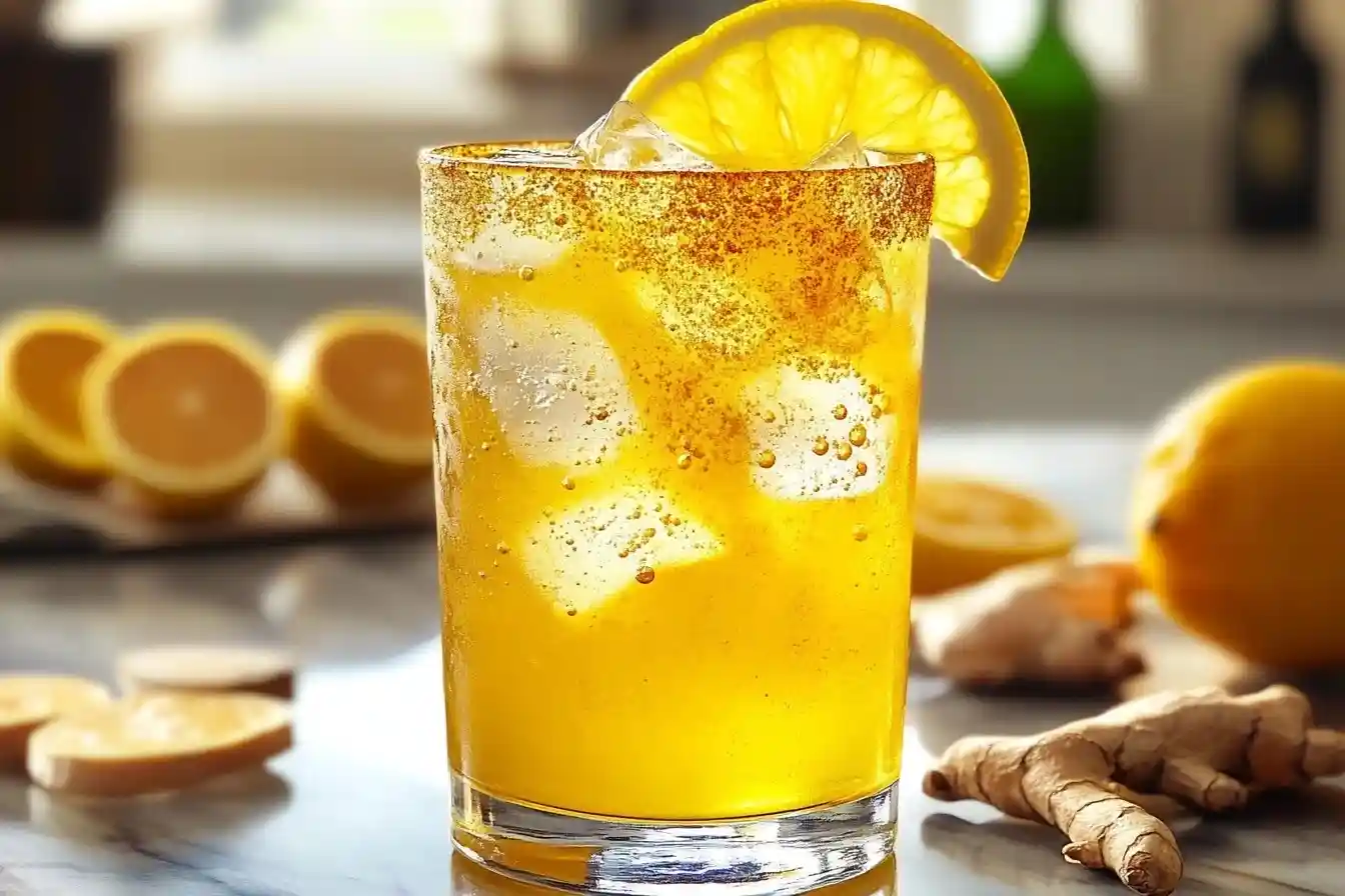 Alkoholfreie Aperitifs. A golden glass of Turmeric Lemonade garnished with lemon slices and a sprinkle of black pepper, served over ice.