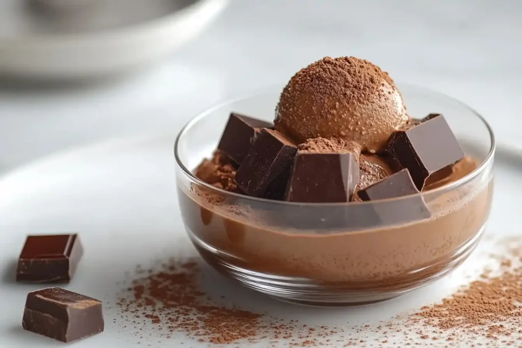 A decadent bowl of keto chocolate ice cream topped with sugar-free chocolate shavings. Keto Eisdiele