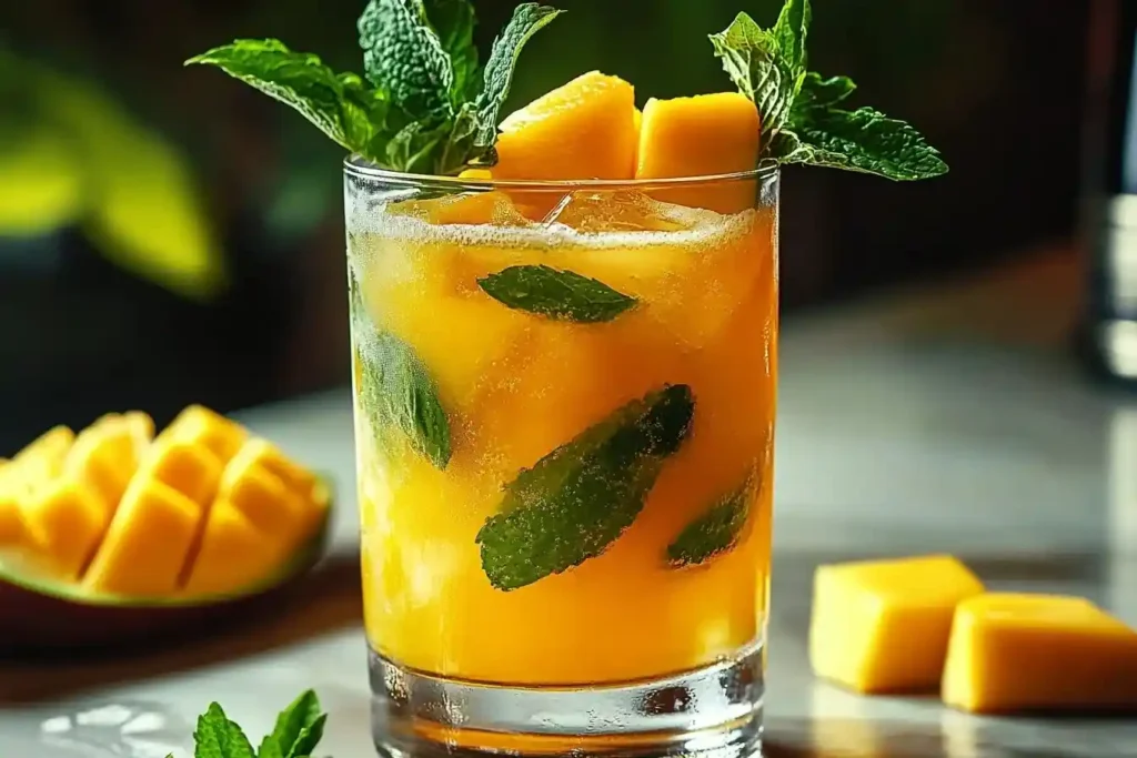 A cocktail glass of Mango-Citrus Mojito with mango slices, mint leaves, and lime garnish, served over crushed ice. Alkoholfreie Aperitifs