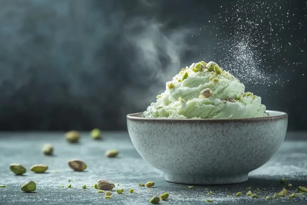 A luscious green scoop of keto pistachio ice cream topped with crushed pistachios.