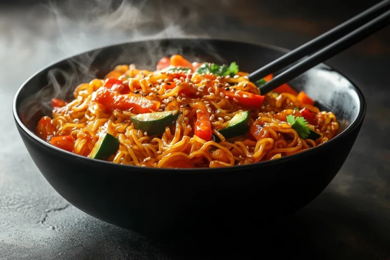 Glutenfreie Nudeln Rezepte: Ein Wok-Gericht mit glutenfreien Nudeln, Paprika, Zucchini und Karotten in einer leicht scharfen Currysauce, garniert mit Sesam.