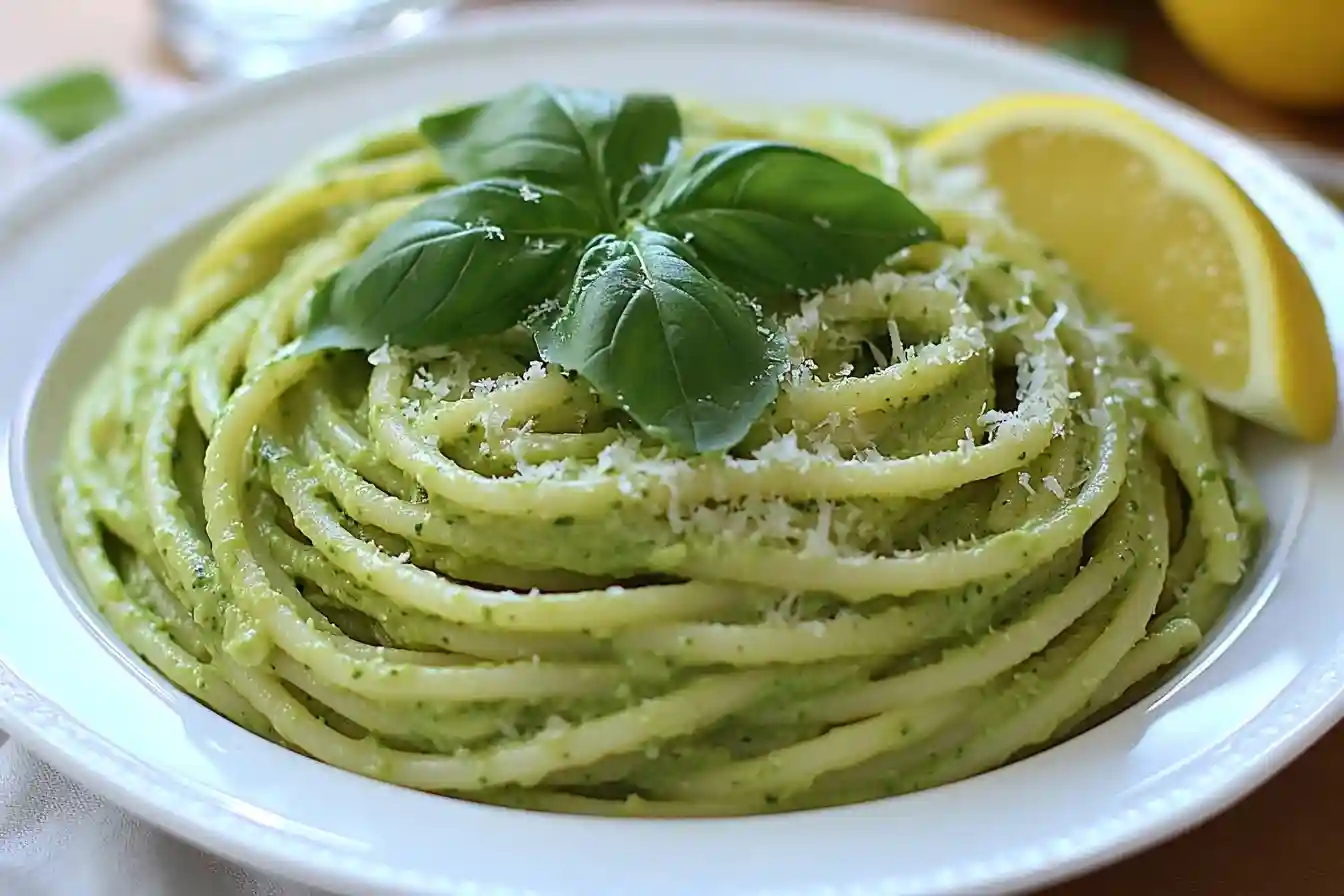 Nudeln mit Avocado in einer cremigen Zitronen-Soße, garniert mit Basilikum.