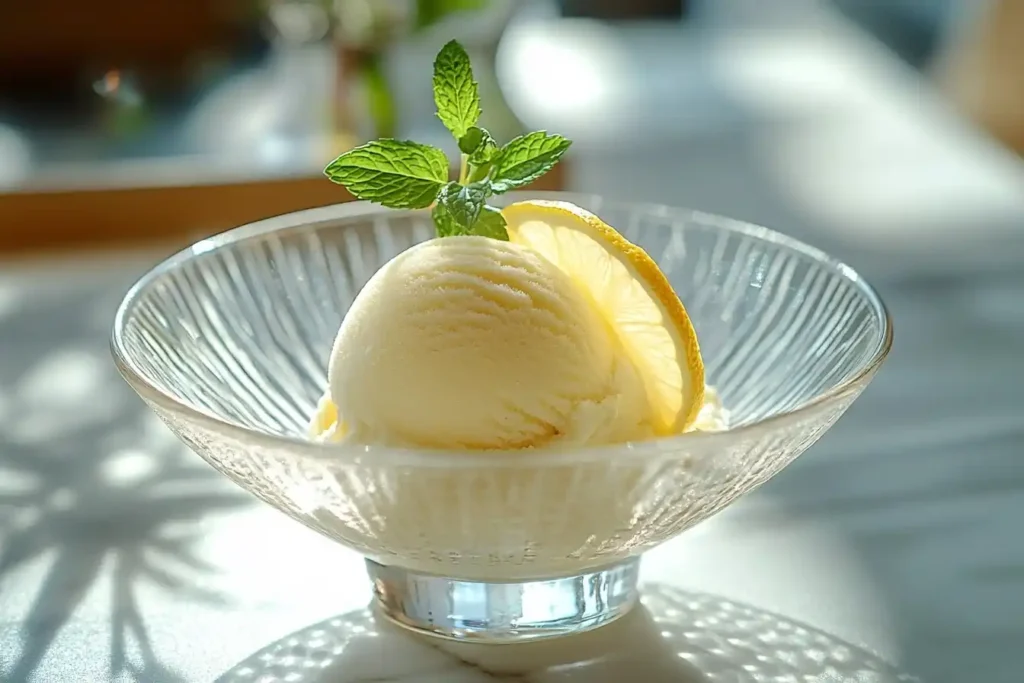 A pale yellow scoop of keto lemon ice cream served with a slice of lemon and mint. Keto Eisdiele