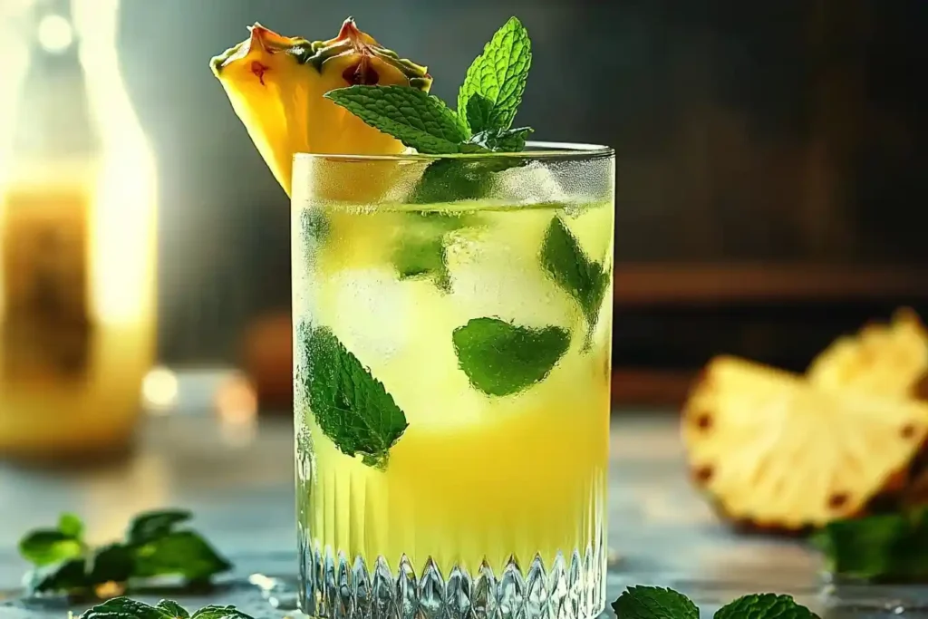 Alkoholfreie Aperitifs. A tropical glass of Pineapple-Mint Lemonade garnished with a pineapple wedge and fresh mint leaves, served over ice.