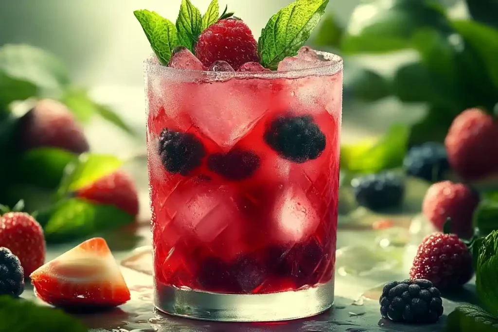 A vibrant glass of Forest Berry Cooler with mixed berries and fresh mint garnish, served over ice. Alkoholfreie Aperitifs