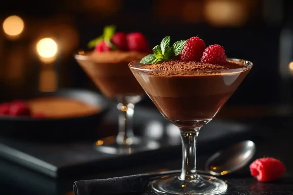 A rich chocolate mousse made with avocado, topped with raspberries and mint in a glass cup.