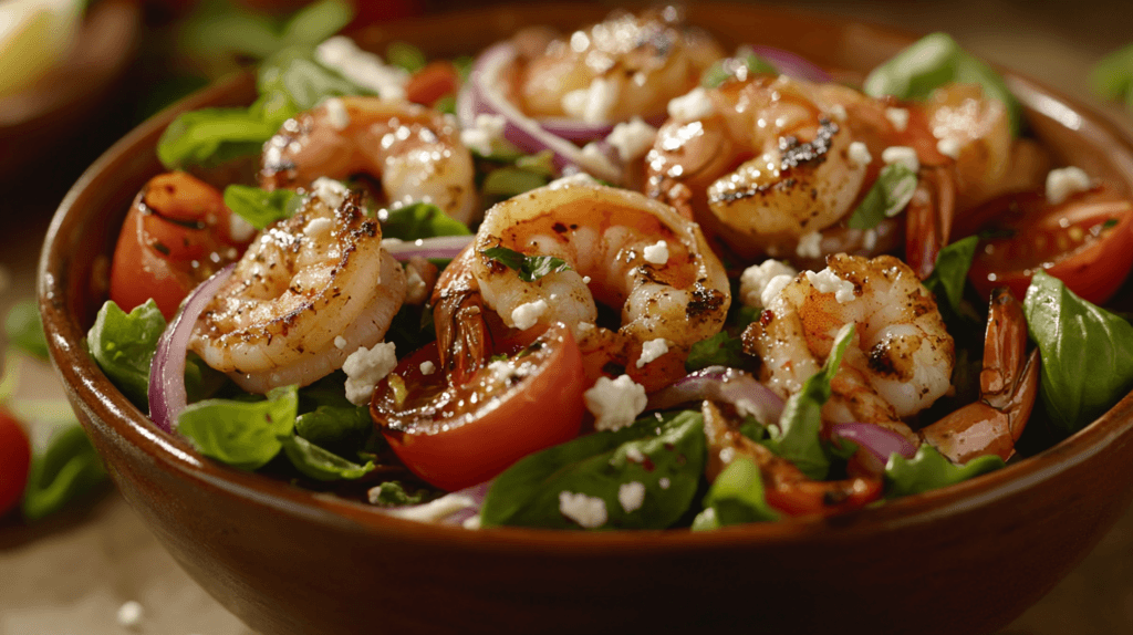 Frischer Salat mit Garnelen und Feta, serviert auf einem weißen Teller, garniert mit Kräutern und einem leichten Dressing.