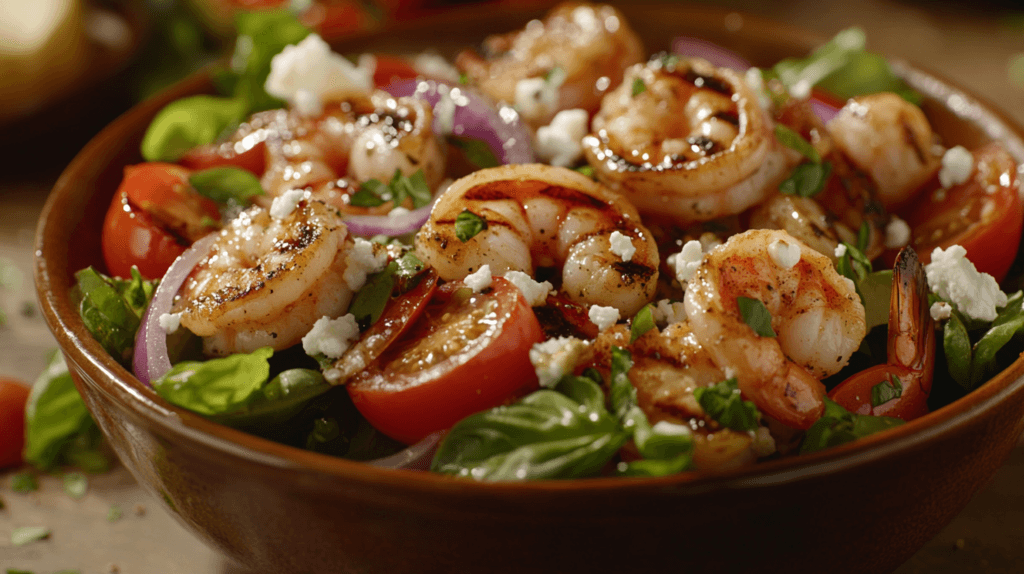 Frischer Salat mit Garnelen und Feta, serviert auf einem weißen Teller, garniert mit Kräutern und einem leichten Dressing.