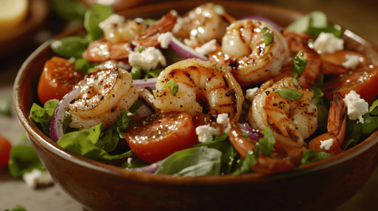 Frischer Salat mit Garnelen und Feta, serviert auf einem weißen Teller, garniert mit Kräutern und einem leichten Dressing.