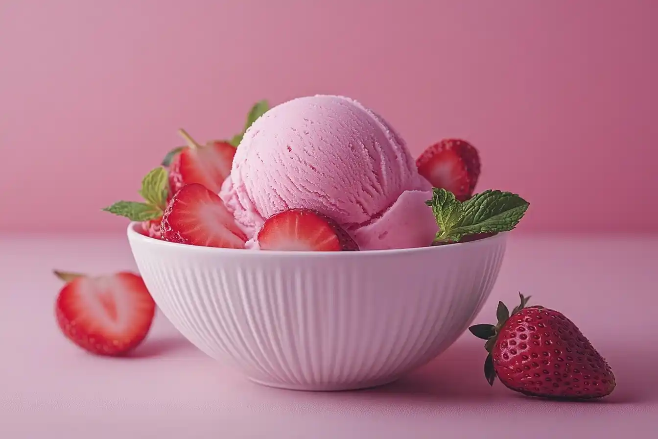 A vibrant pink scoop of keto strawberry ice cream garnished with fresh strawberry slices. Keto Eisdiele