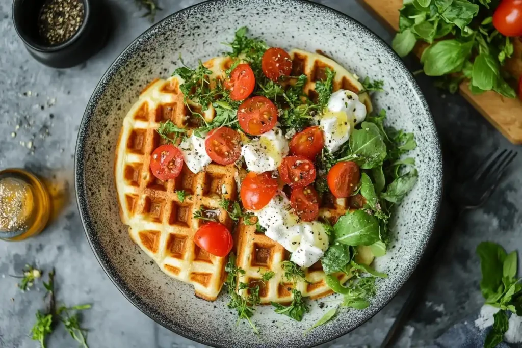 Golden sourdough waffles served with a fresh wild herb salad and lemon dressing on a rustic plate.