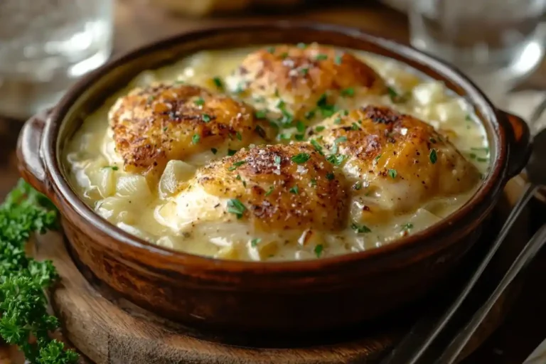 Zwiebel Sahne Hähnchen mit Zwiebelsuppe, serviert in einer großen Auflaufform mit cremiger Soße und frischen Kräutern als Garnitur.