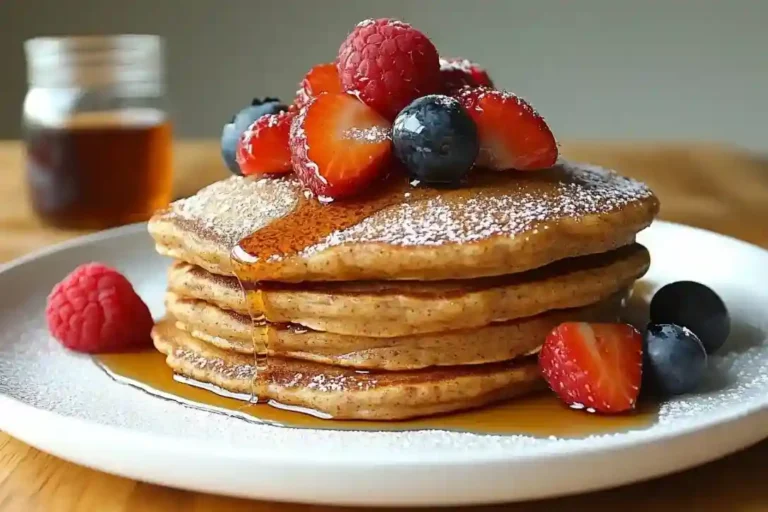 Fluffige vegane Pfannkuchen rezept ohne Ei mit frischen Beeren und Ahornsirup.