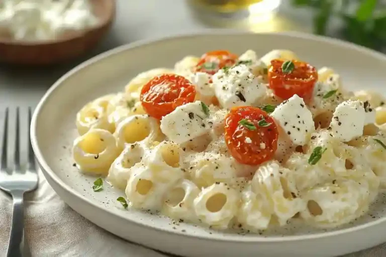 Perfekt servierte One Pot Pasta Fetaost mit geschmolzenem Feta, Tomaten und Kräutern auf weißem Keramikteller mit Gabel.