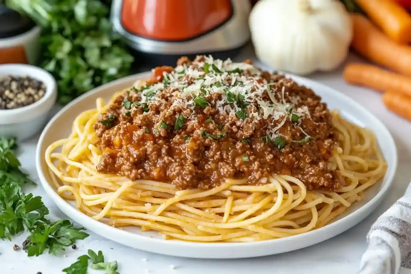 Overhead-Aufnahme von Spaghetti Bolognese Sauce im Thermomix auf einem Teller, mit frischen Kräutern und Parmesan serviert.