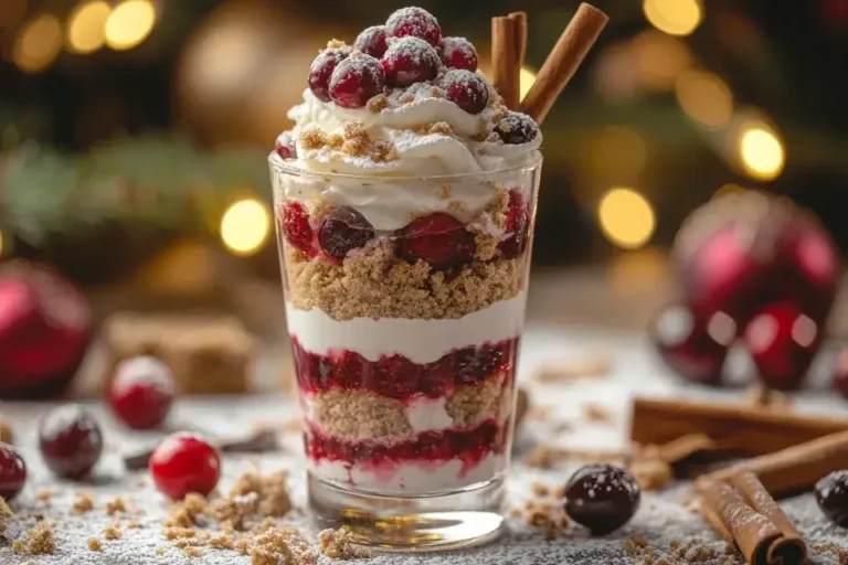 Festliches Dessert im Glas Weihnachten mit Schichten aus Spekulatius, Mascarpone und Himbeeren, dekoriert mit Minzblättern.