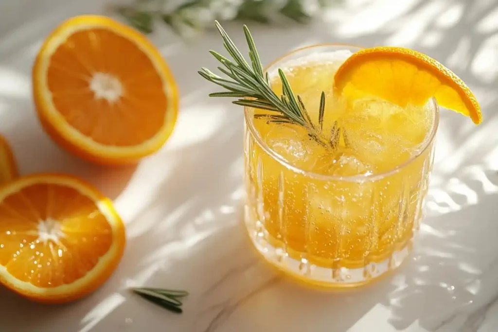 A cocktail glass filled with orange juice and tonic water, garnished with rosemary and an orange slice.