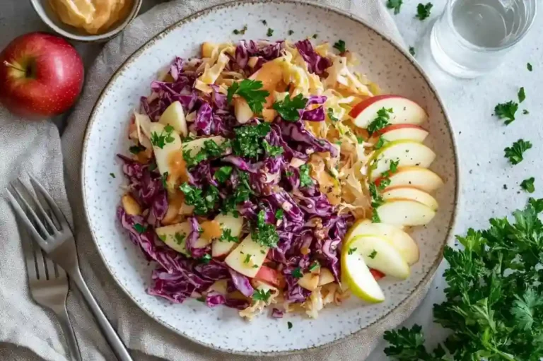 Rezept Rotkohlsalat nach Großmutters Art, serviert in einer großen Schüssel mit Apfelscheiben und frischen Kräutern.