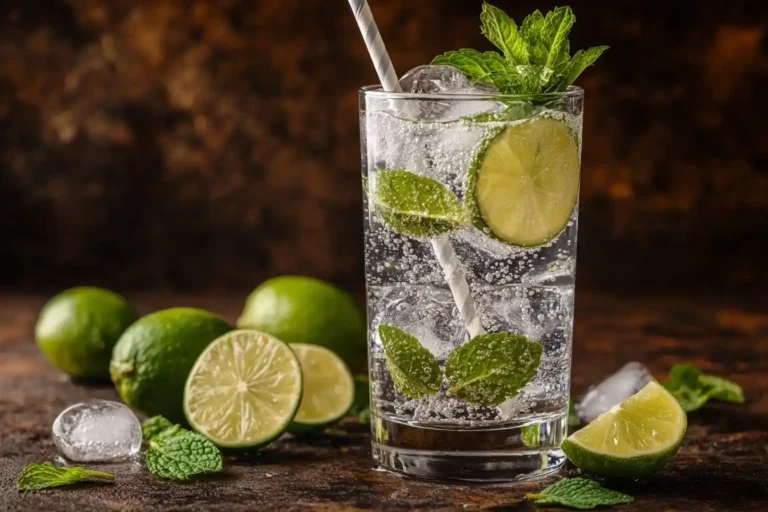 Virgin Mojito in a clear glass with sparkling soda, lime slices, fresh mint leaves, and crushed ice, on a rustic table, Alkoholfreie Cocktails.