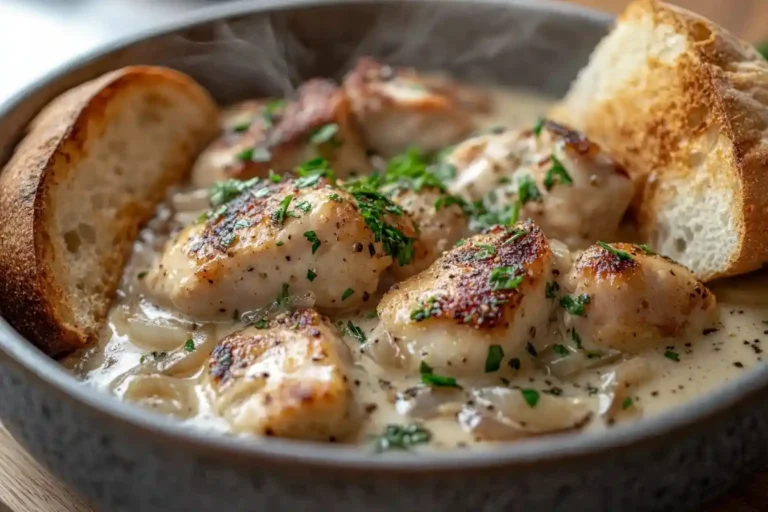 Zwiebel Sahne Hähnchen in einer Pfanne serviert, mit cremiger Soße und frischer Petersilie dekoriert.