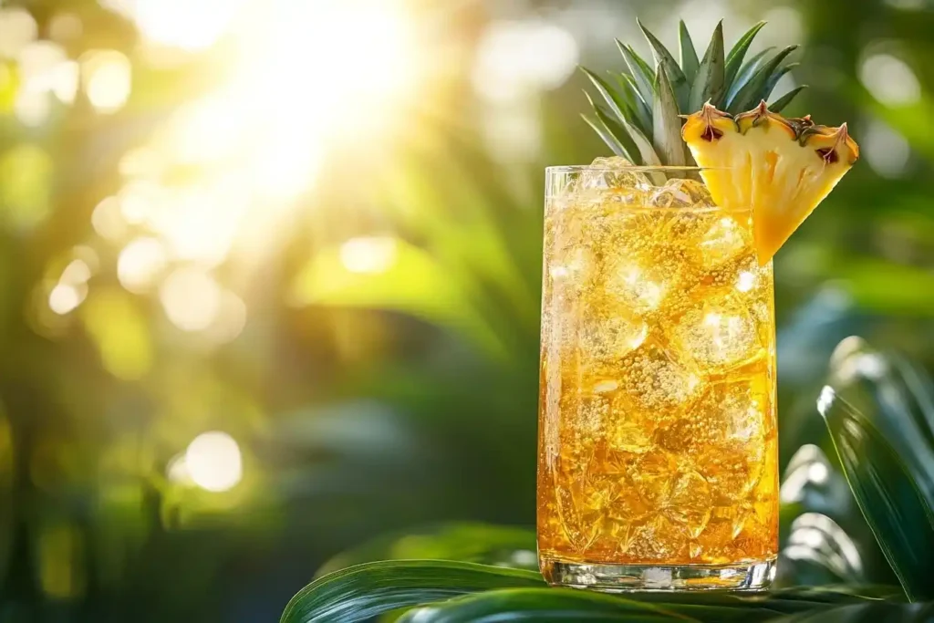 A tall glass of golden pineapple drink garnished with a fresh pineapple wedge and served with ice.