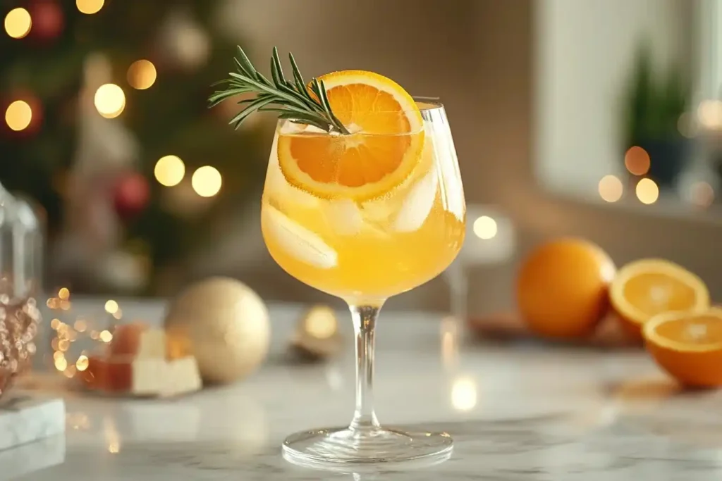 Alkoholfreie Cocktails., Crodino Spritz in a wine glass with an orange slice and rosemary garnish, on a marble table with elegant lighting.