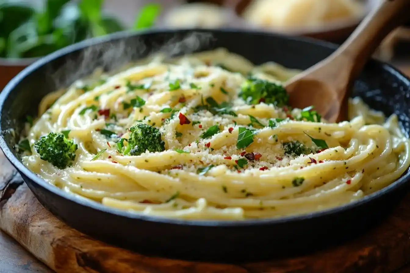 Brokkoli Pasta kunstvoll auf weißem Keramikteller serviert, mit Olivenöl, Pfeffer und frischen Kräutern verfeinert.