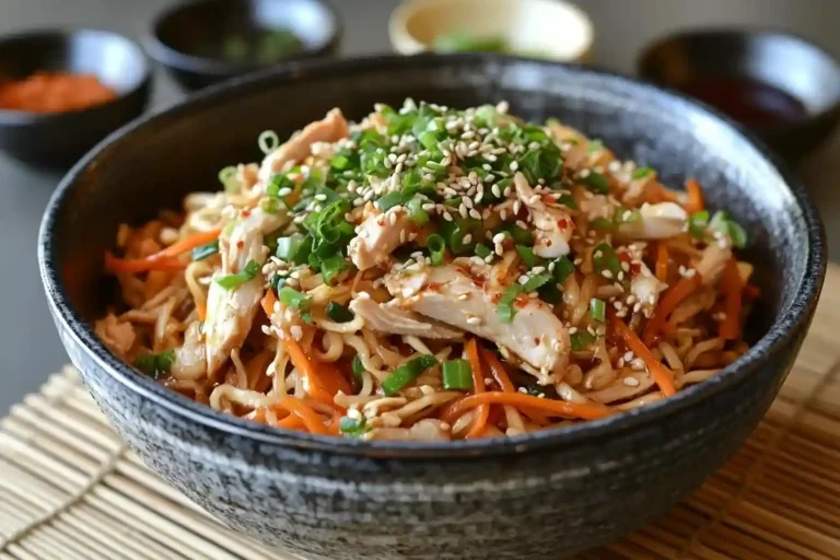 Gebratene Nudeln mit Hähnchen und Gemüse in einem schwarzen Wok, mit Sojasauce glasiert und dampfend serviert.