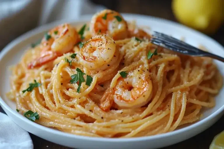 Spaghetti mit Garnelen in einer Pfanne mit Parmesan, Knoblauch, Kräutern und dampfender Sahnesauce.