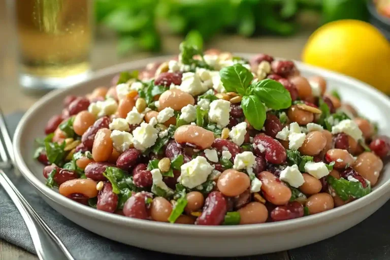 Salat mit Kidneybohnen und Feta auf weißem Teller, mit Basilikum und Sonnenblumenkernen, daneben ein Glas Zitronenwasser.