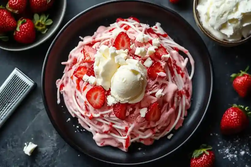 Spaghetti Eis Dessert mit Erdbeersoße, weißen Schokoladenraspeln und frischen Erdbeeren auf einem dunklen Teller.