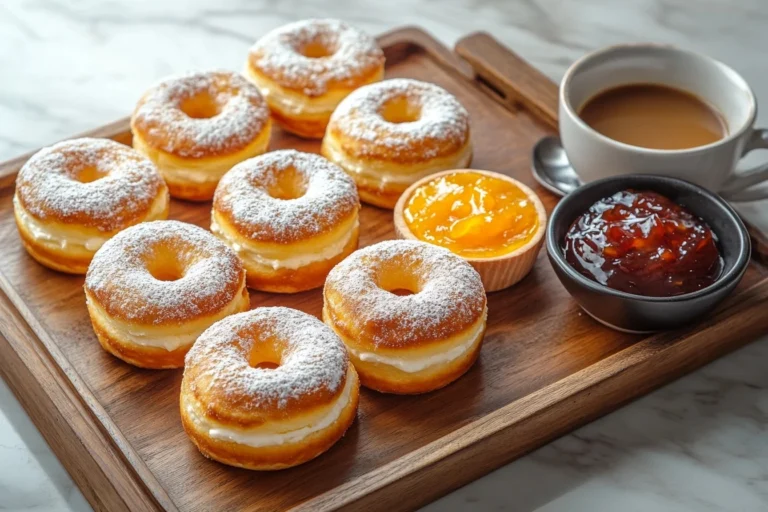 Eine Auswahl an Berliner glutenfrei auf einem Holztablett, verziert mit Puderzucker oder Glasur. Ein halbierter Berliner zeigt eine Vanillecremefüllung, ein anderer ist mit Aprikosenmarmelade gefüllt. Eine Tasse Kaffee und Marmelade runden das Bild ab.