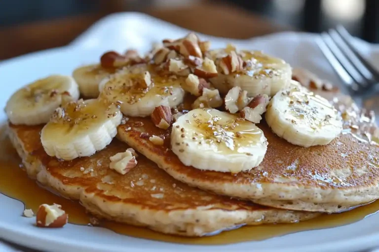 Glutenfreie Pancakes mit gesunden Toppings: Bananenscheiben, gehackten Nüssen und einem Schuss Honig. Daneben eine Stoffserviette und eine Gabel, bereit zum Genießen.