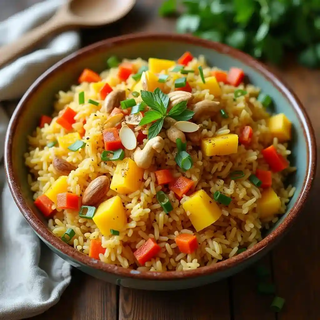 Ein farbenfroher Reissalat mit Curry in einer rustikalen Keramikschale mit Mango, Paprika, Karotten und gerösteten Cashewkernen, serviert mit cremigem Kokos-Dressing.