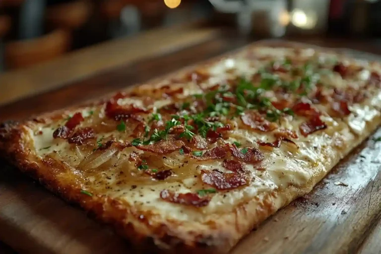 Ein frisch gebackener flammkuchen glutenfrei mit dünnem, knusprigem goldbraunen Teig, belegt mit Crème fraîche, karamellisierten Zwiebeln und knusprigem Speck. Serviert auf einem rustikalen Holzbrett mit frischen Kräutern als Garnitur.