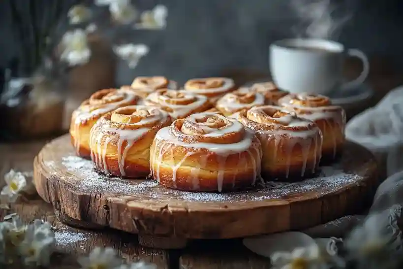 Ein Tablett mit frisch gebackenen glutenfreie Zimtschnecken, goldbraun und mit einer cremigen Vanilleglasur beträufelt. Die Zimtfüllung ist karamellisiert, und eine dampfende Tasse Kaffee steht daneben in einer gemütlichen Küchenszene.