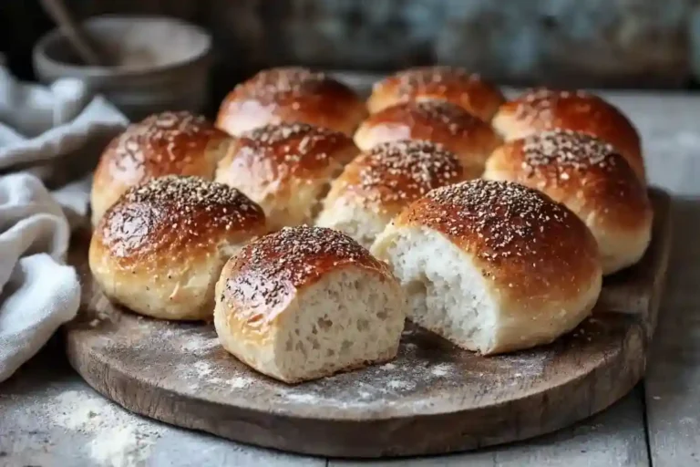 Ein Holzbrett mit frisch gebackenen Brötchen glutenfrei, knusprig gebräunt und mit weicher, luftiger Krume. Ein Brötchen ist aufgebrochen, um die Textur zu zeigen.