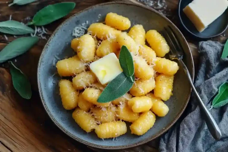 Ein Teller glutenfreie Gnocchi mit einer goldenen, knusprigen Kruste, serviert mit zerlassener Butter und frischem Salbei. Daneben geriebener Parmesan und eine Gabel.