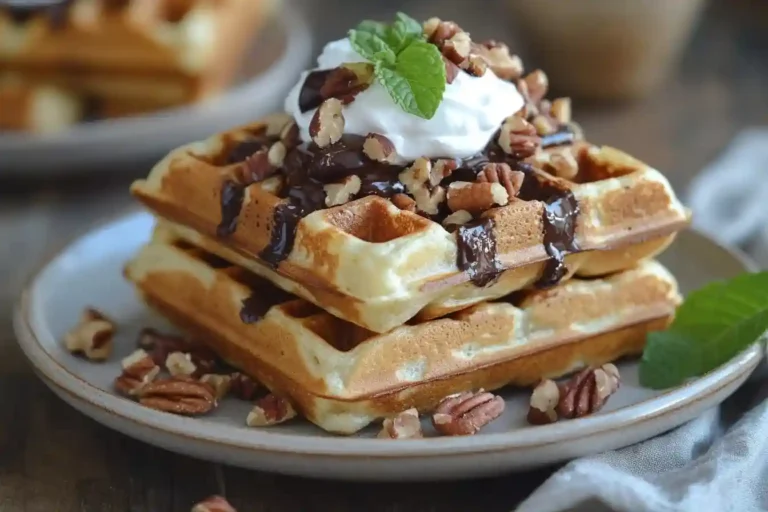 Eine Portion glutenfreier Waffeln, garniert mit geschmolzener Schokolade, gerösteten Nüssen und frischer Minze. Das Glutenfreie Waffeln Rezept sorgt für eine lockere Konsistenz mit intensiver Schokoladennote.