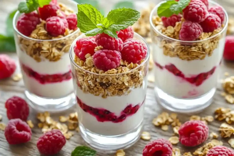 dessert himbeeren im glas. Himbeer-Joghurt-Dessert mit Granola und frischen Himbeeren in einem Glas.